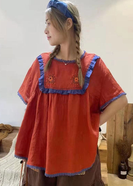 Style Blaues besticktes Patchwork-Baumwollhemd mit kurzen Ärmeln