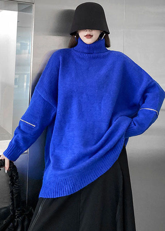Stil Blau High Neck Reißverschluss Übergroßen Strick Pullover Tops Winter