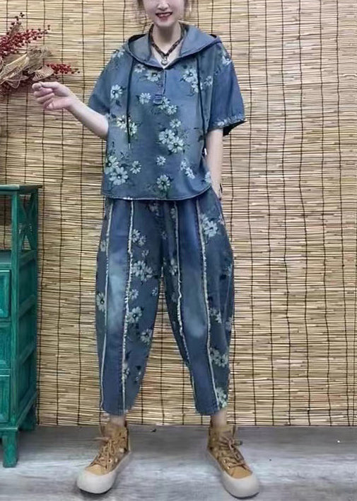 Style Blue Hooded Print Denim Two Pieces Set Summer