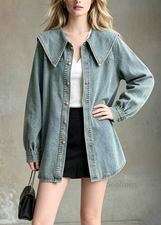 Style Blue Peter Pan Collar Patchwork Denim Shirts Coats Fall