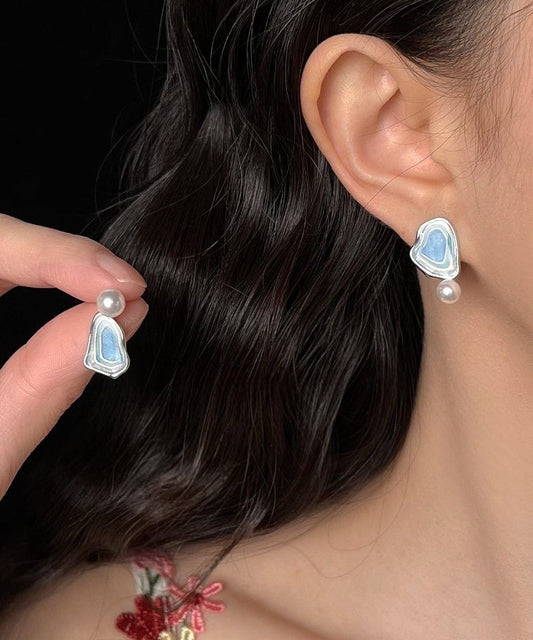 Stil Blaue asymmetrische Ohrstecker aus Sterlingsilber mit Perlen und Tropfenglasur-Emaille