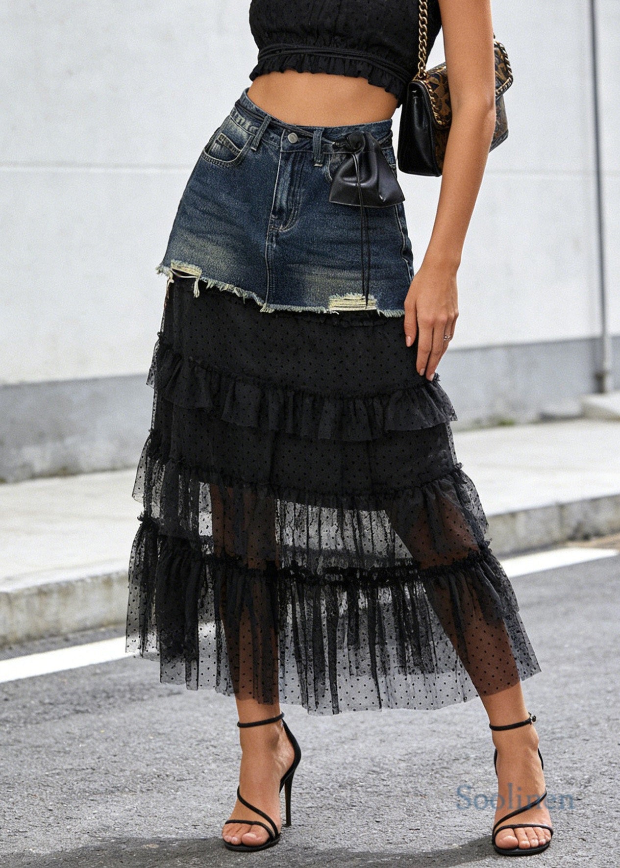 Style Blue Tulle Ruffled Patchwork Denim Skirt Summer