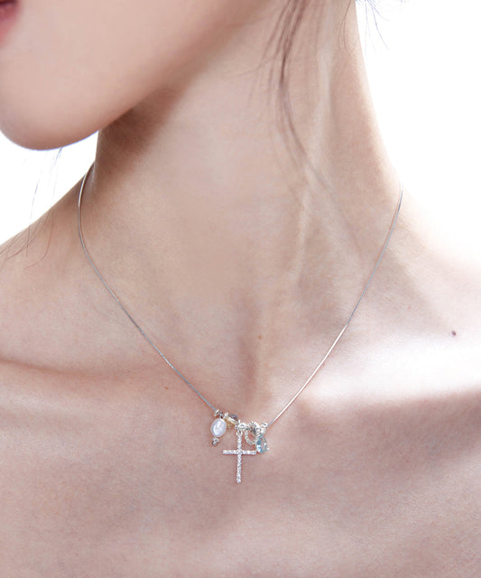 Style Blue Zircon Cross Pearl Adjustable Silver Pendant Necklace