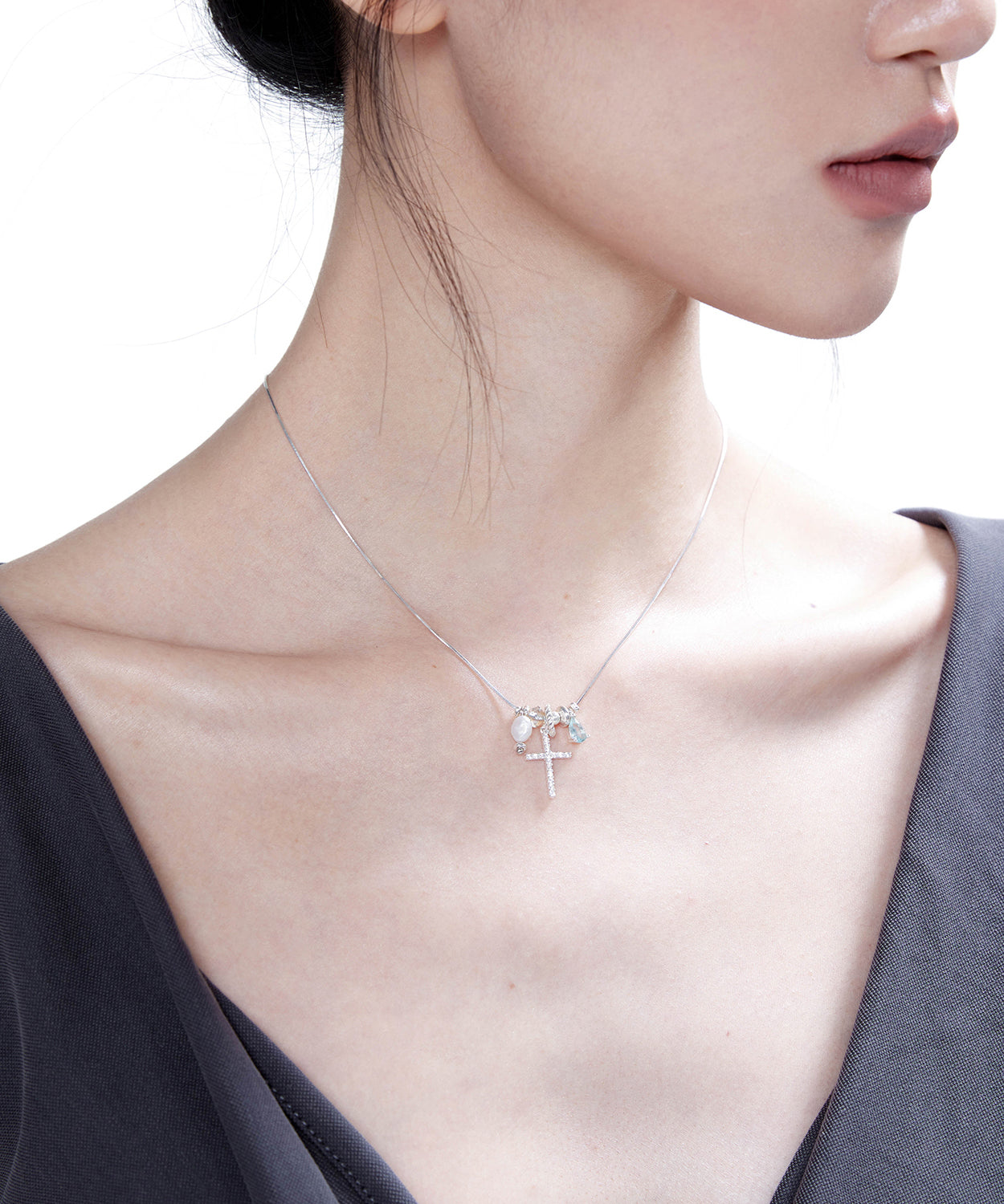 Style Blue Zircon Cross Pearl Adjustable Silver Pendant Necklace