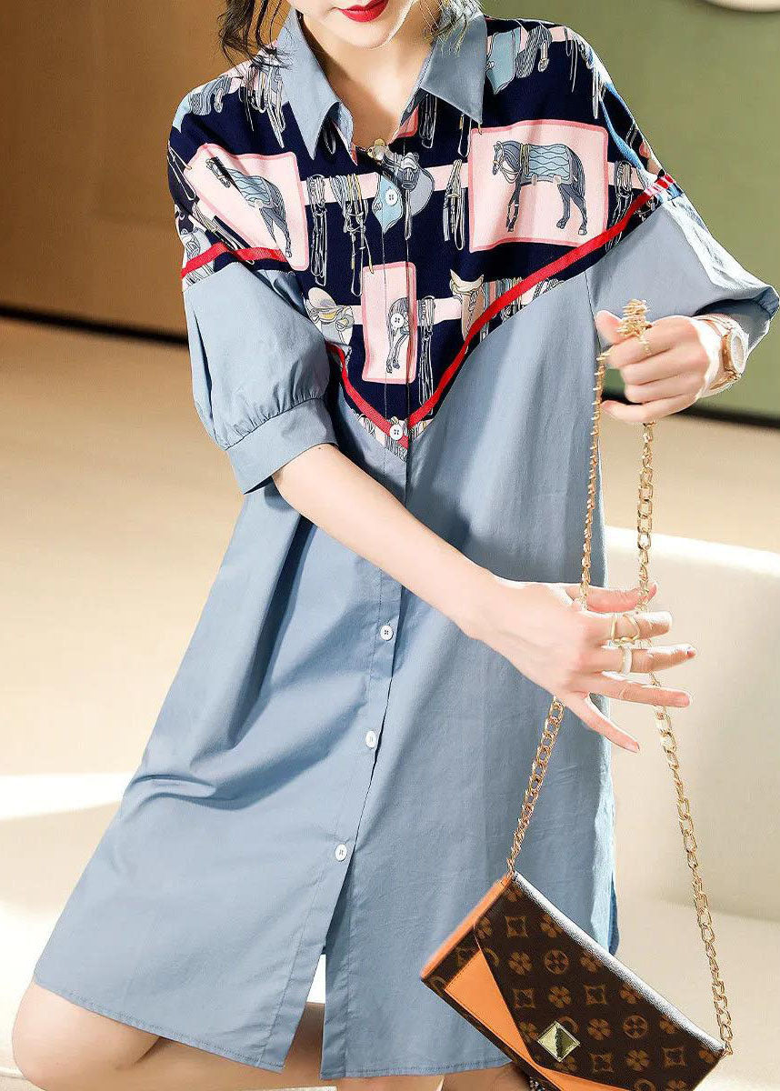 Stil: Blauer Knopf, Peter-Pan-Kragen, Patchwork-Hemd, Kleider mit halben Ärmeln