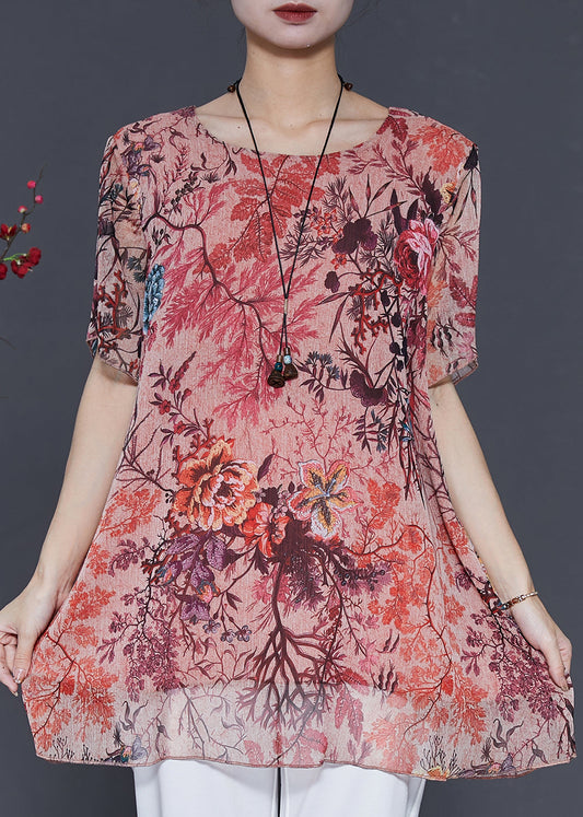 Stil Ziegelrot Oversize Print Chiffon Top Sommer