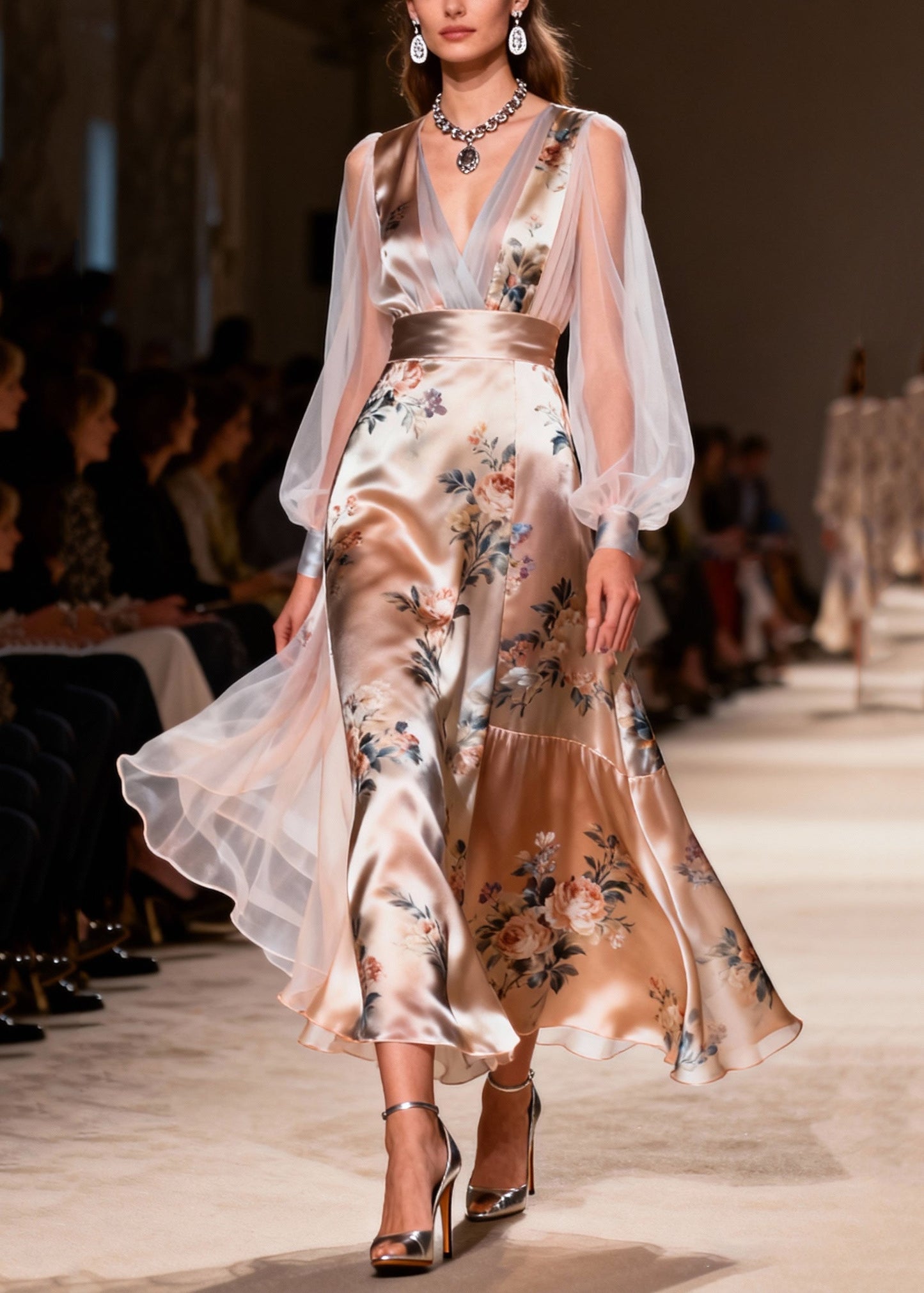 Style Champagne Print Patchwork Tulle Sheer Long Dresses Summer