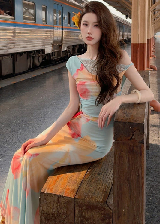 Style Cold Shoulder Print Lace Patchwork Tulle Long Dress Summer