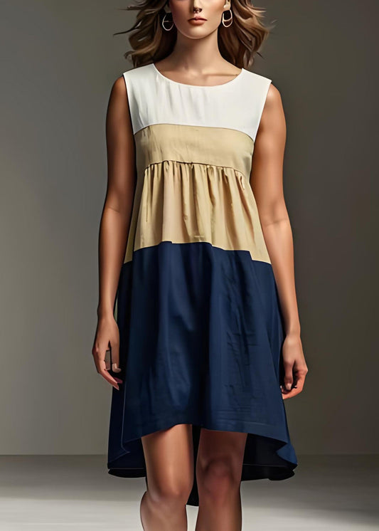 Stil Colorblock O-Ausschnitt Low High Design Patchwork Baumwollkleider Ärmellos