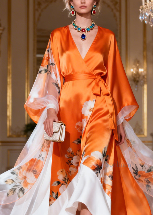 Style Colorblock Ruffled Tie Waist Patchwork Silk Ankle Dress Summer