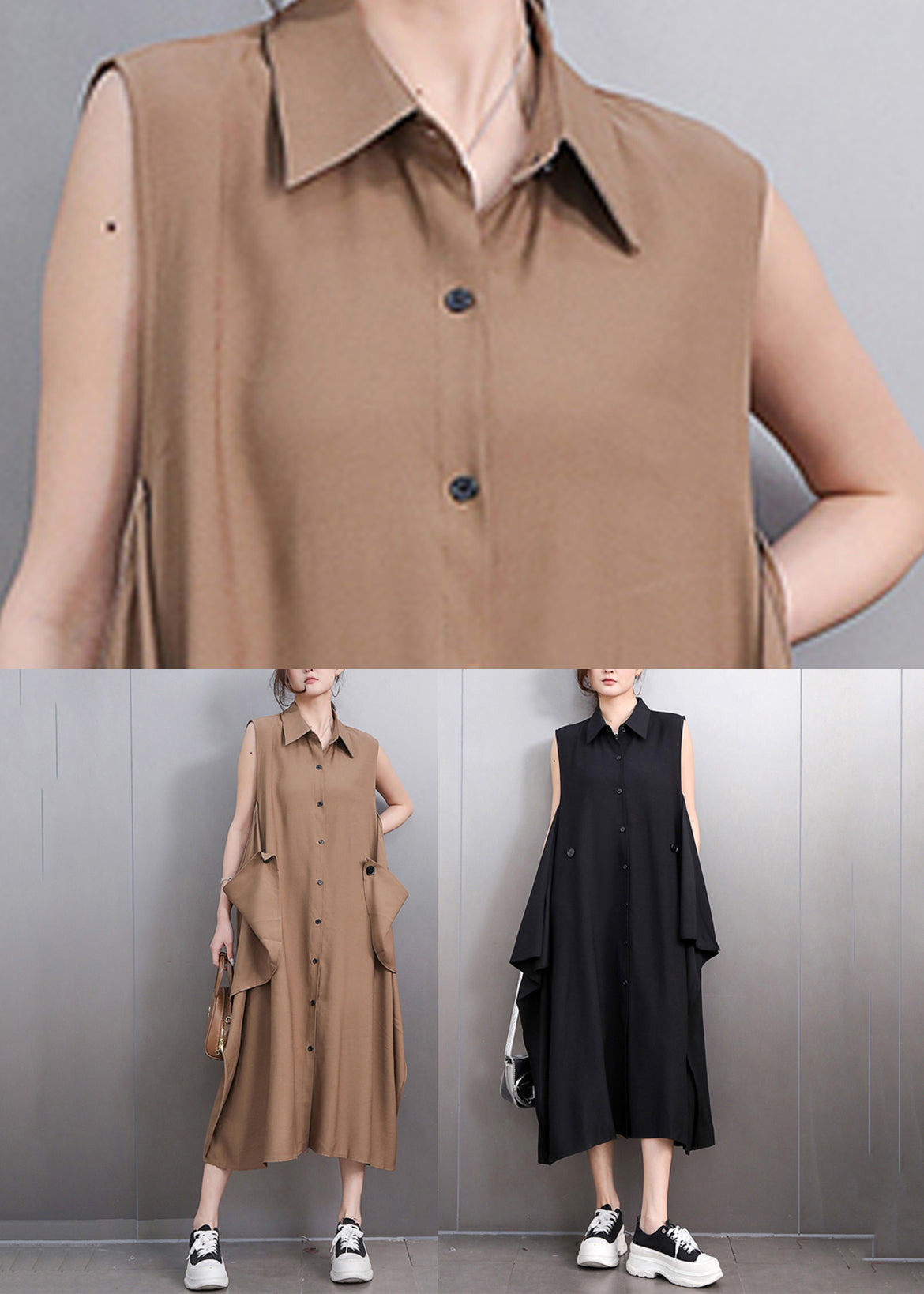 Style Deep Khaki Peter Pan Collar Long Dresses Sleeveless