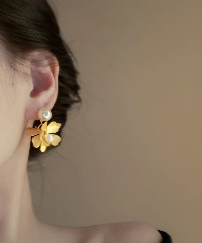 Style Gold Metal Overgild Pearl Floral Stud Earrings