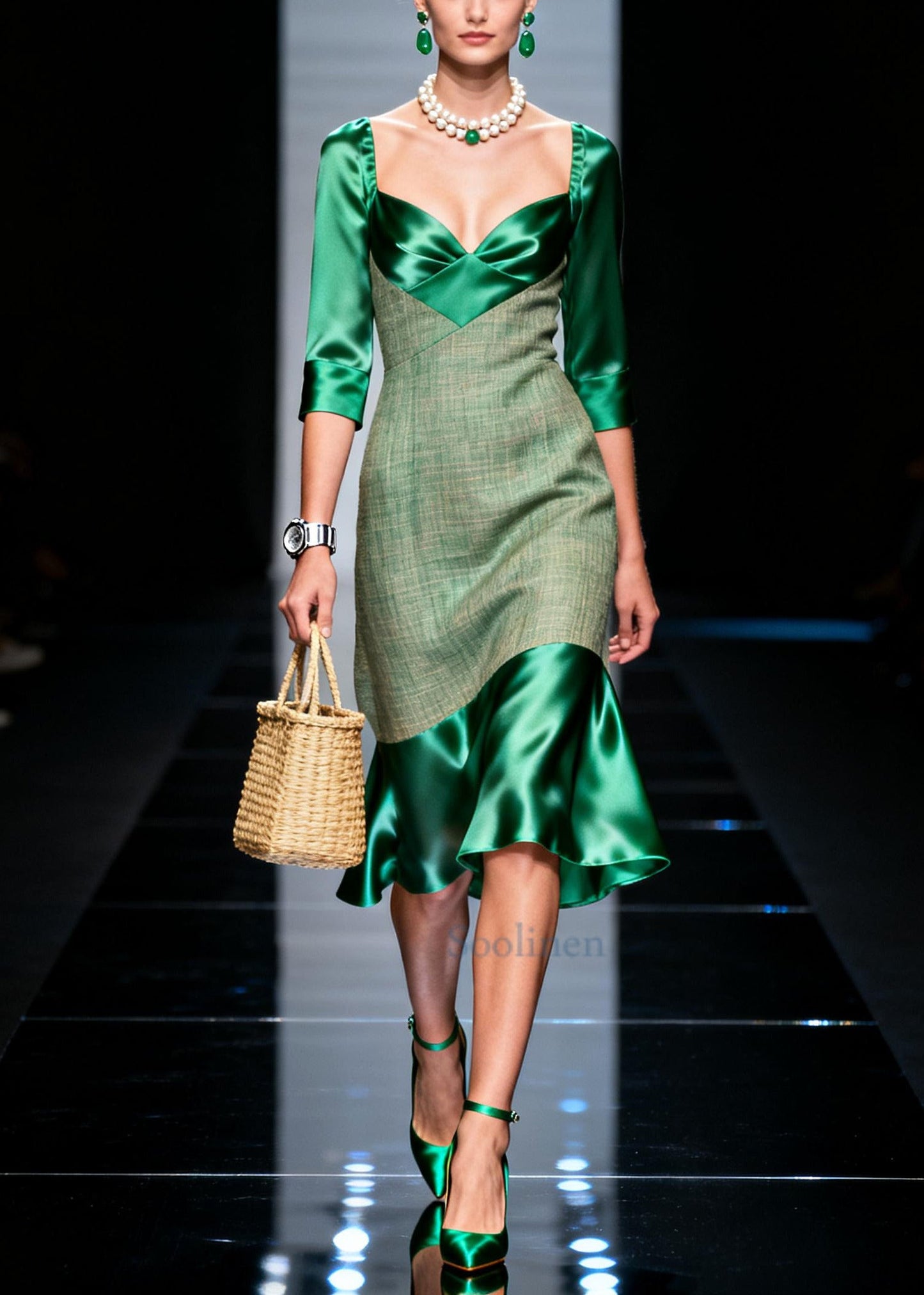 Style Green Bustier Top Patchwork Silk Mid Dresses Summer