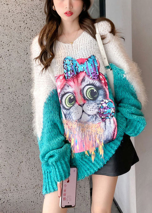 Style Grüner lockerer Patchwork-Herbstpullover mit Quasten