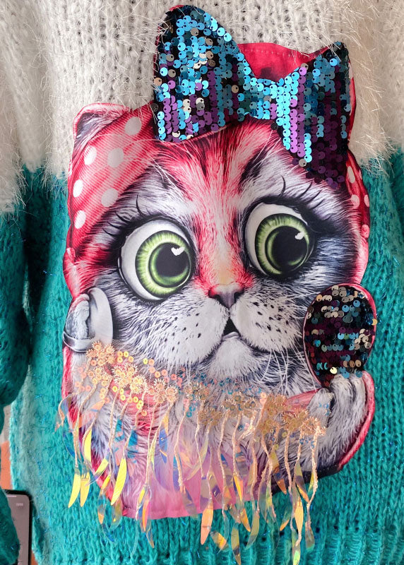 Style Grüner lockerer Patchwork-Herbstpullover mit Quasten