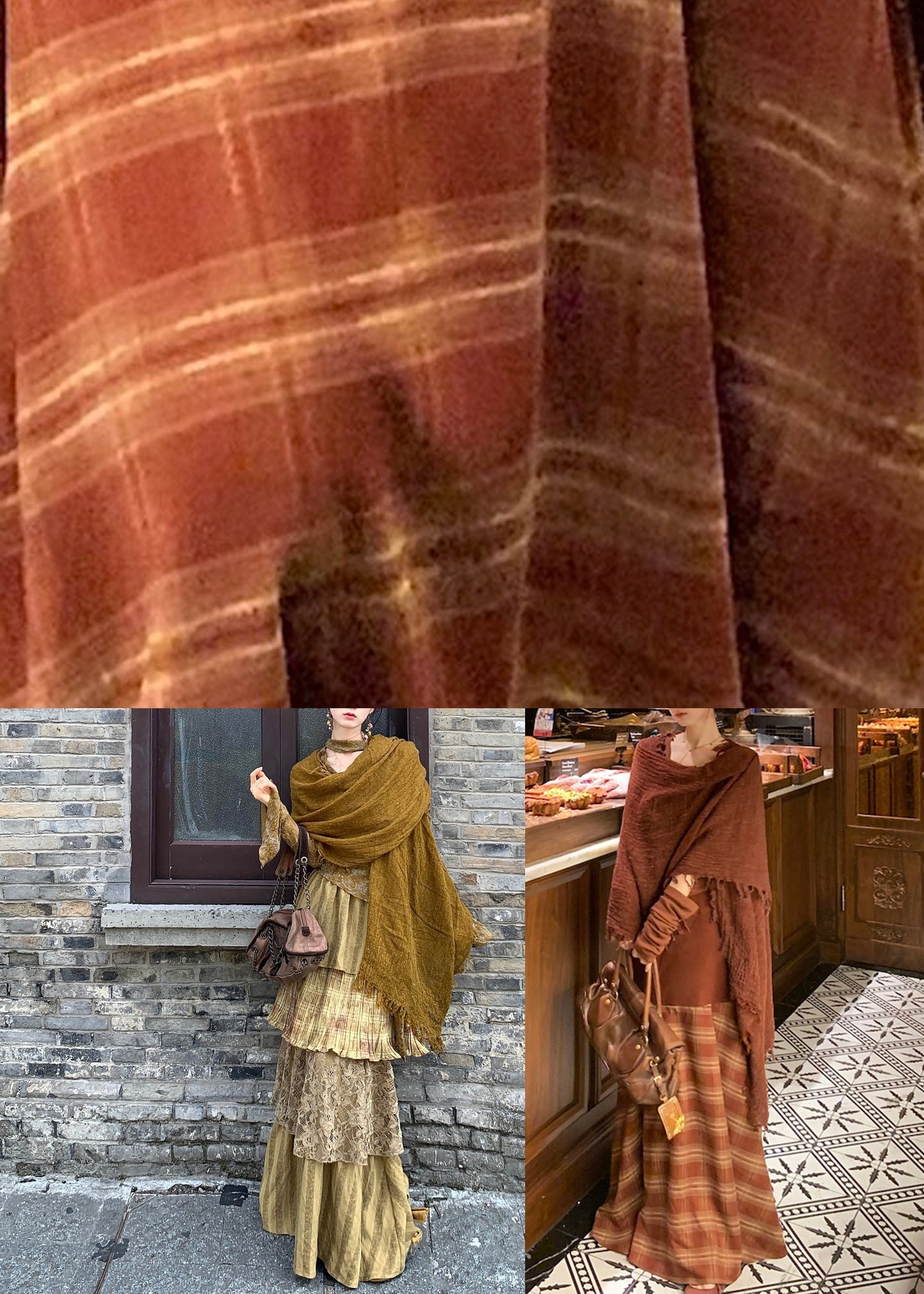 Dreiteiliges Set aus grünem Print-Top, Maxirock und Schal mit ausgestellten Ärmeln