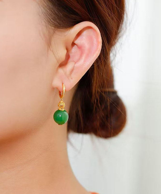 Pendientes colgantes de jade dorado con plata de ley verde estilo