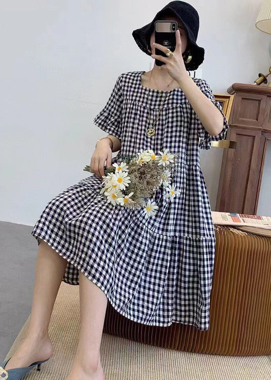 Style Grey Oversized Plaid Cotton Mid Dress Summer