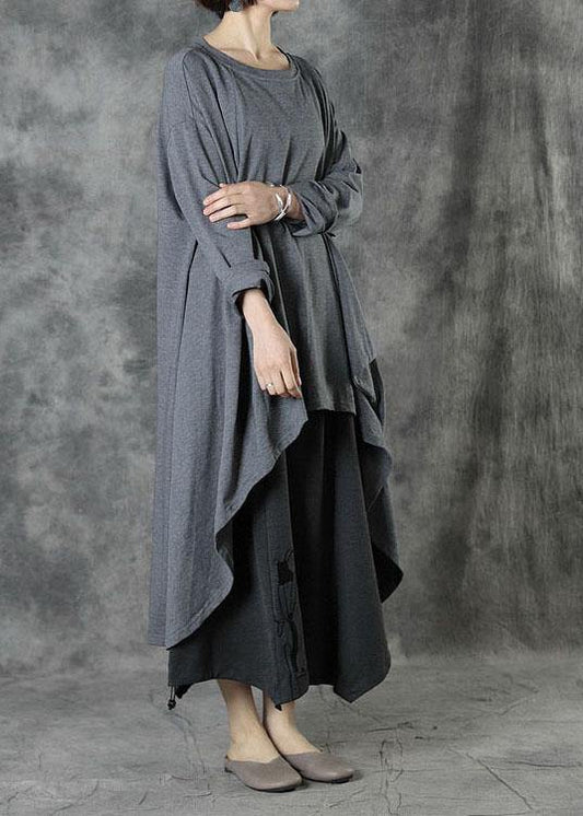 Style Grey low High Design Button Fall Long Sleeve Shirt Tops - SooLinen