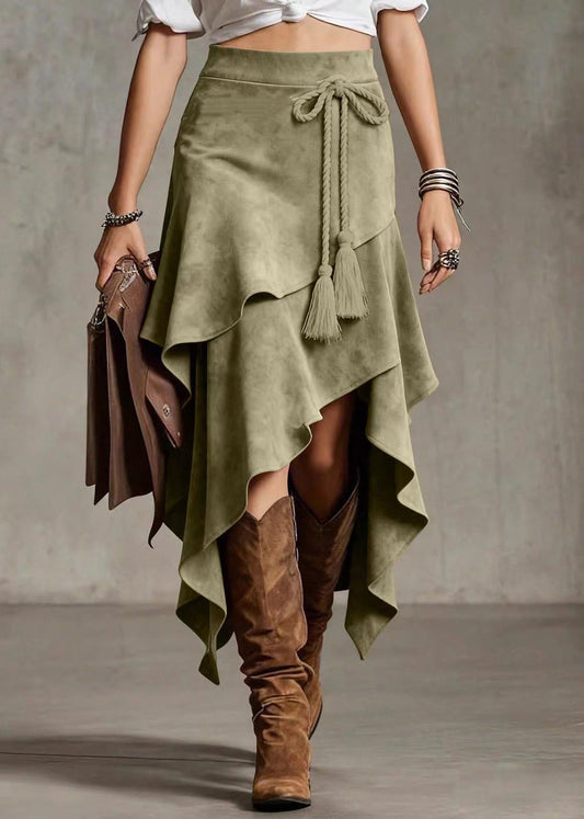 Style Khaki Asymmetrical Lace Up Layered Faux Suede Skirt Fall