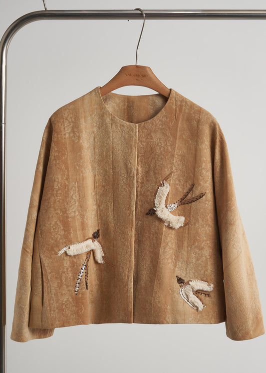 Stilvoller khakifarbener, bestickter Jacquard-Seidensamtmantel, Frühlingsmode