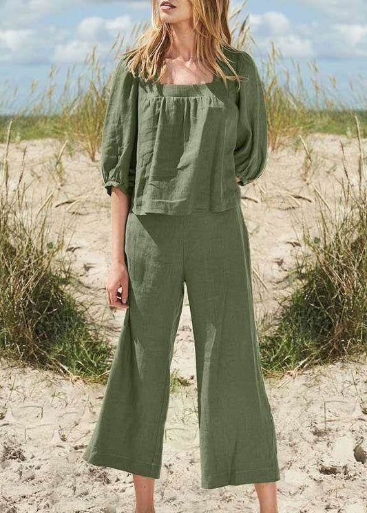 Style Khaki Square Collar Top And Crop Pants Two Pieces Set Half Sleeve