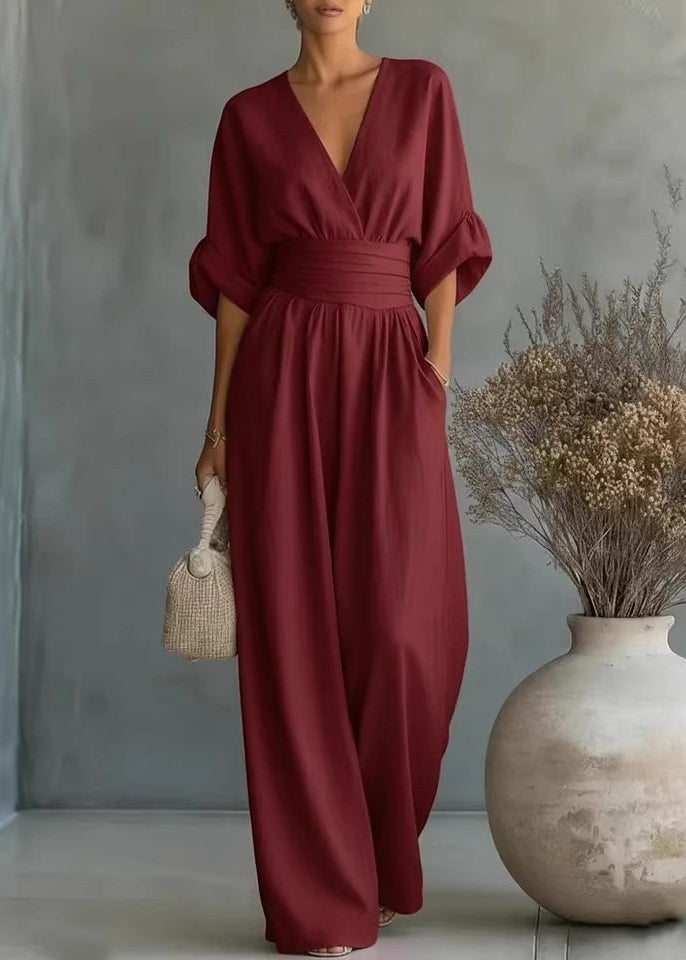 Style Light Blue V Neck High Waist Cotton Jumpsuits Half Sleeve