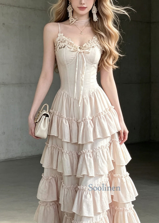 Style Light Pink Ruffled Patchwork Cotton Spaghetti Strap Dresses Summer
