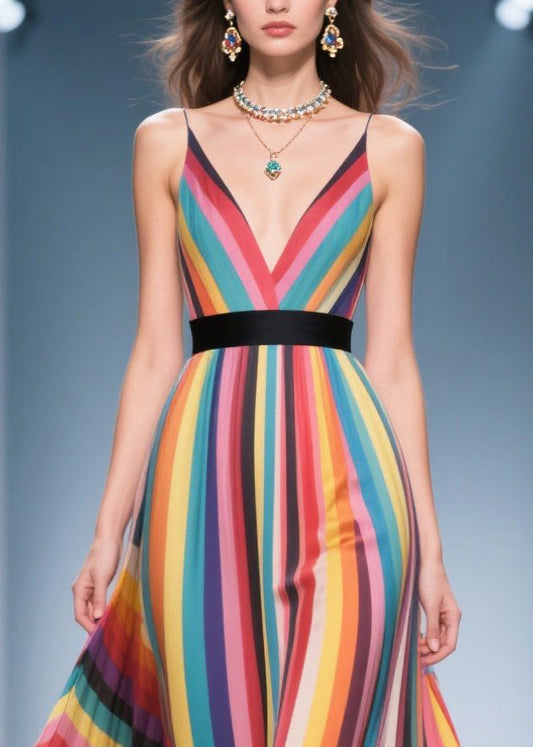 Style Multicolour Striped Flower Decorated Chiffon Maxi Dresses Summer