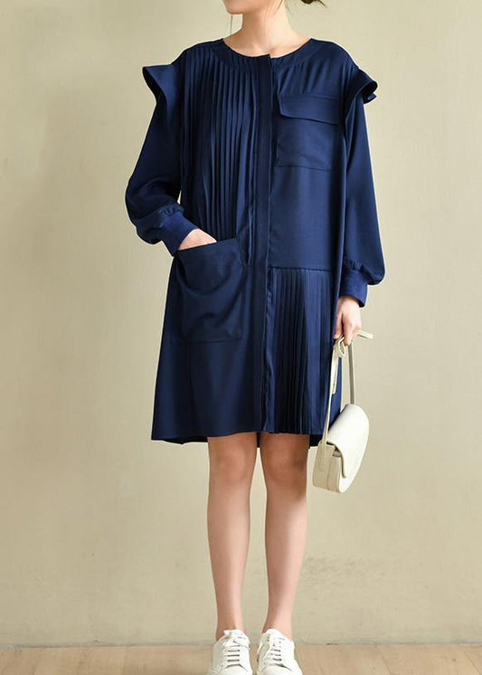 Style Navy Asymmetric Dresses O Neck Chiffon Dress - SooLinen