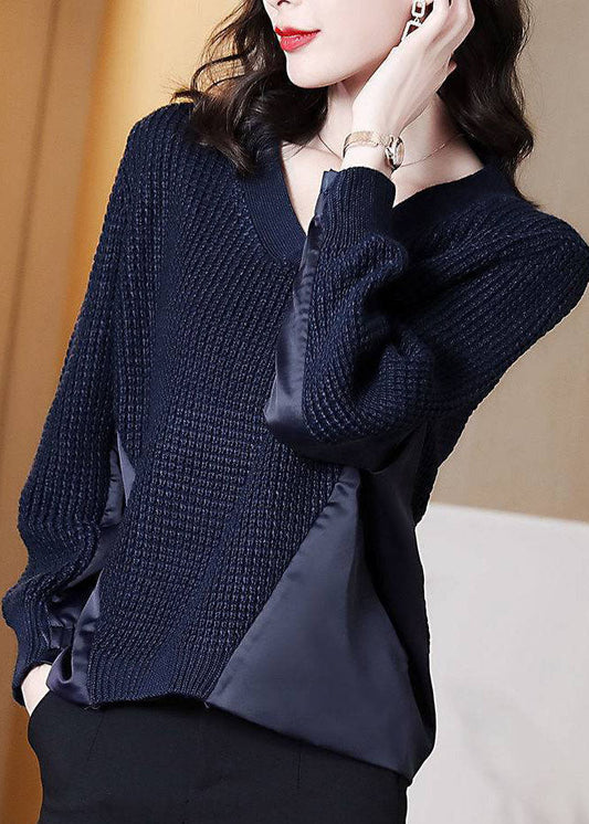 Style Navy Asymmetrischer Patchwork Strickpullover Winter