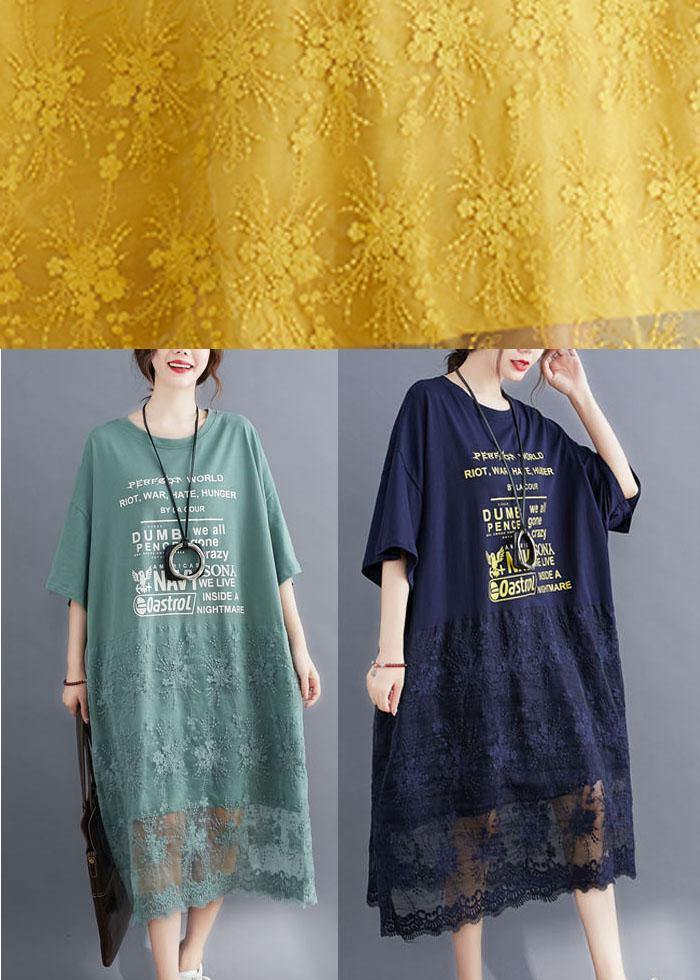 Style Navy Loose Patchwork Lace Summer Half Sleeve Maxi Dresses - SooLinen