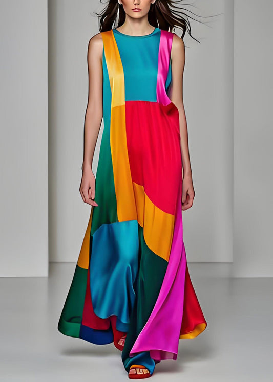Stil O Hals Patchwork Drapieren Seide Lange Kleider Ärmellos