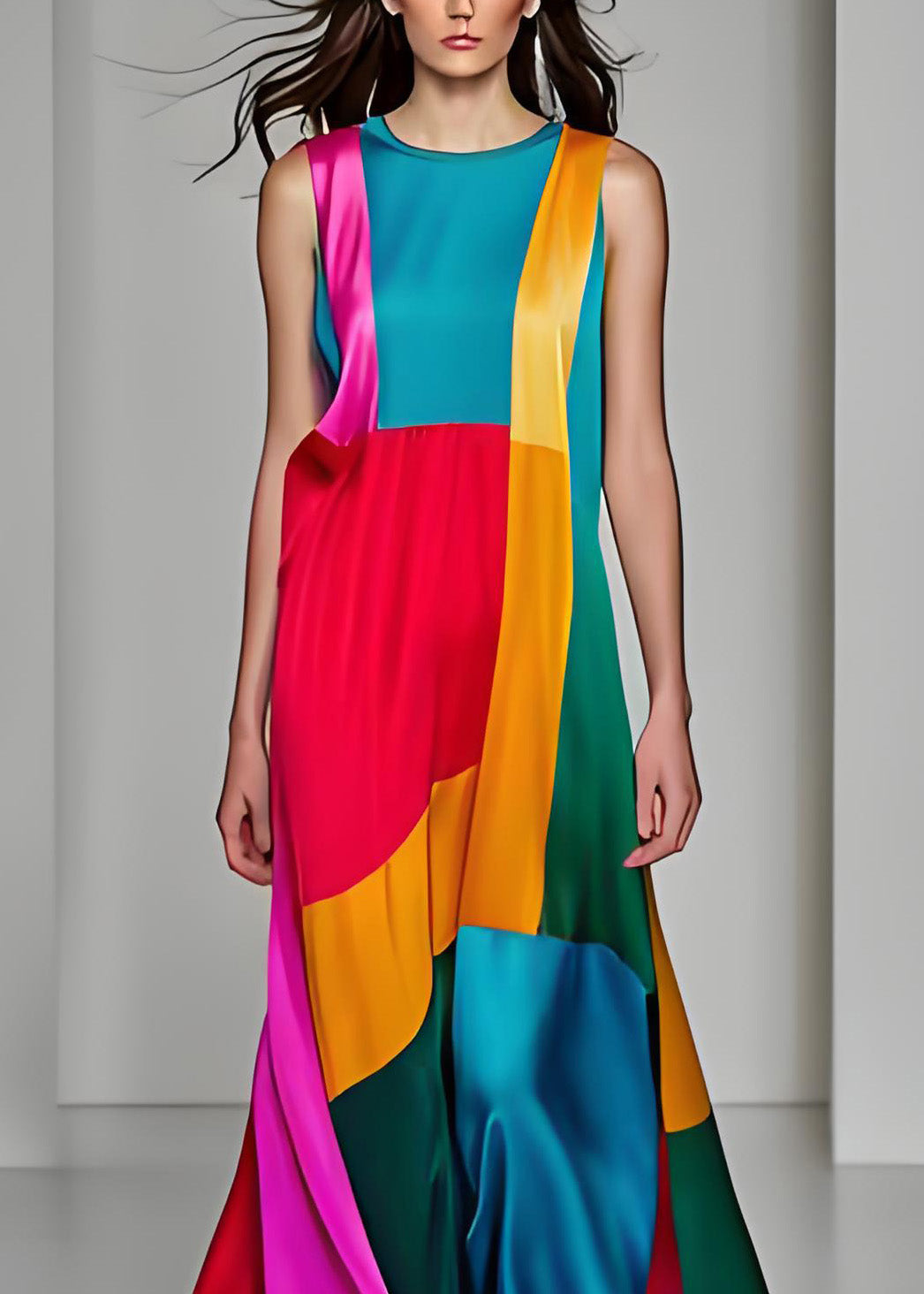 Stil O Hals Patchwork Drapieren Seide Lange Kleider Ärmellos