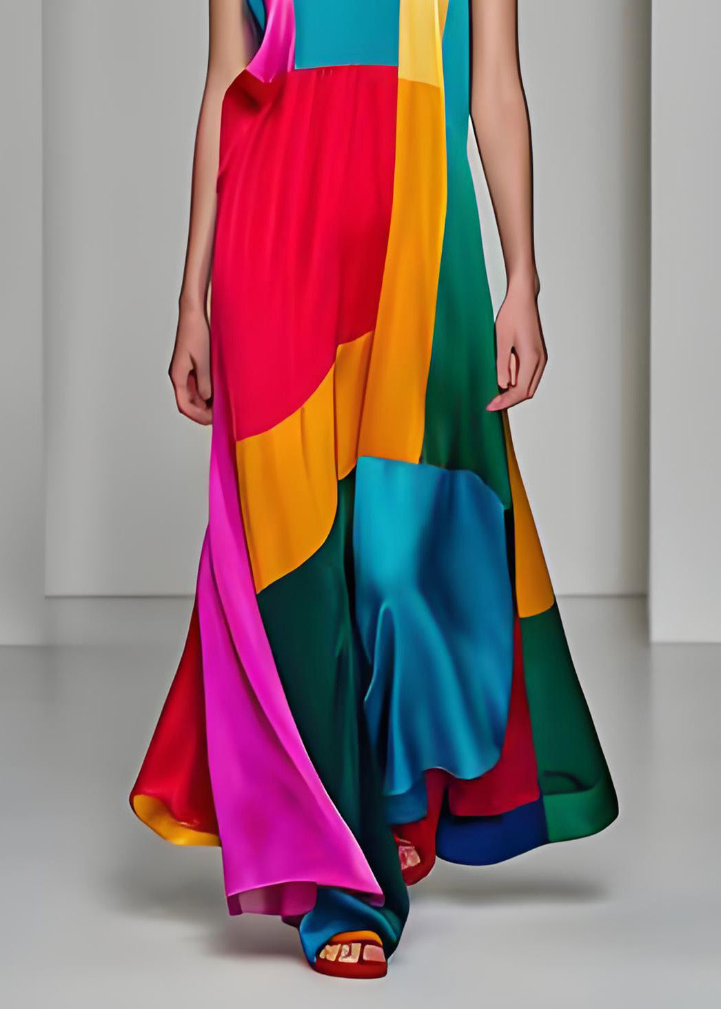 Stil O Hals Patchwork Drapieren Seide Lange Kleider Ärmellos
