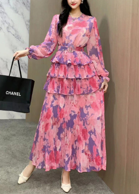 Stil Orange Rüschen Patchwork Krawatte Taille Chiffon Kleider Langarm