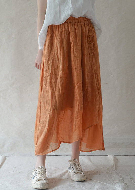 Stil Orange elastische Taille Knopf asymmetrische Leinen Röcke Frühling