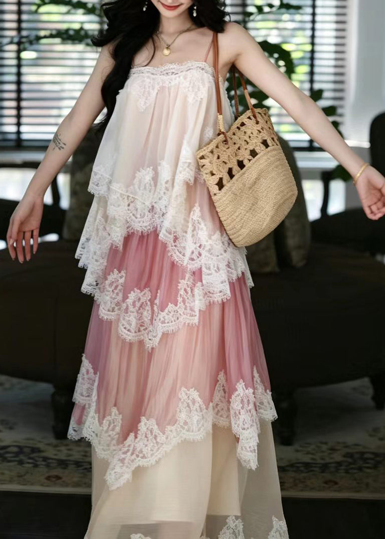 Style Pink Layered Patchwork Lace Maxi Dress Sleeveless