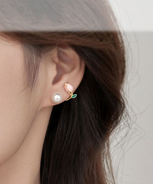 Pendientes de aro con gotas de aceite y perlas doradas en plata rosa