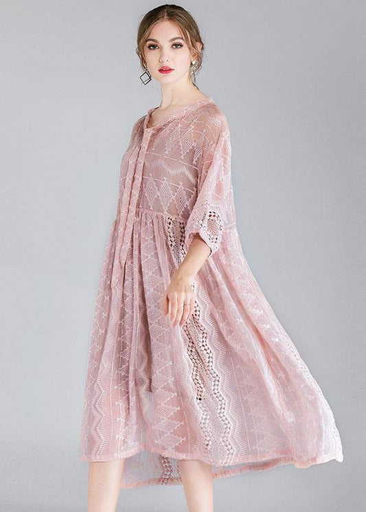 Style Pink Tie Hollow Out Spring Half Sleeve Two Piece Set Women Clothing - SooLinen