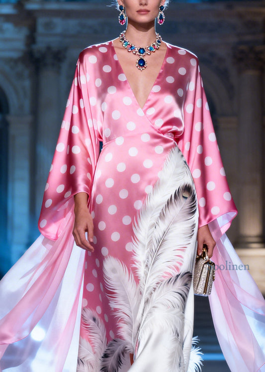 Style Pink V Neck Dot Feather Print Silk Long Dresses Summer