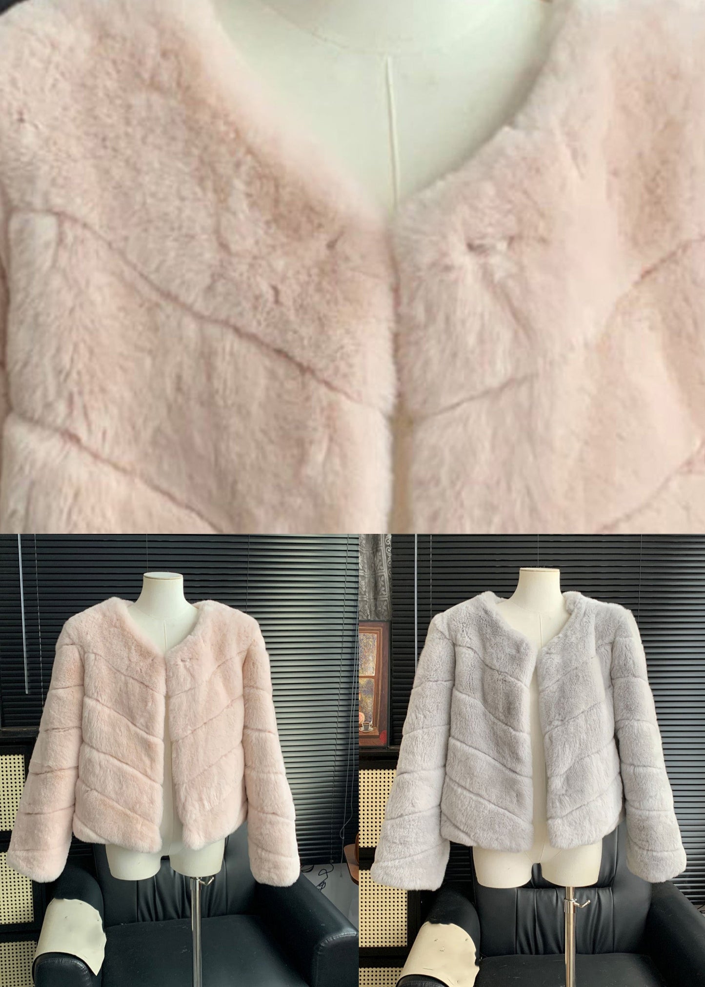 Abrigos de piel y cuero a rayas con cuello en V rosa para invierno