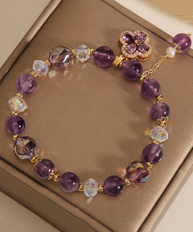 Stil Lila Kristall Intarsien Edelstein Stein Zirkon Vierblättriges Kleeblatt Quaste Bettelarmband