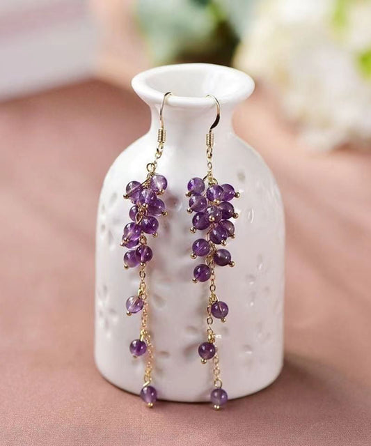 Pendientes colgantes de oro de 14 quilates con borlas de cristal morado