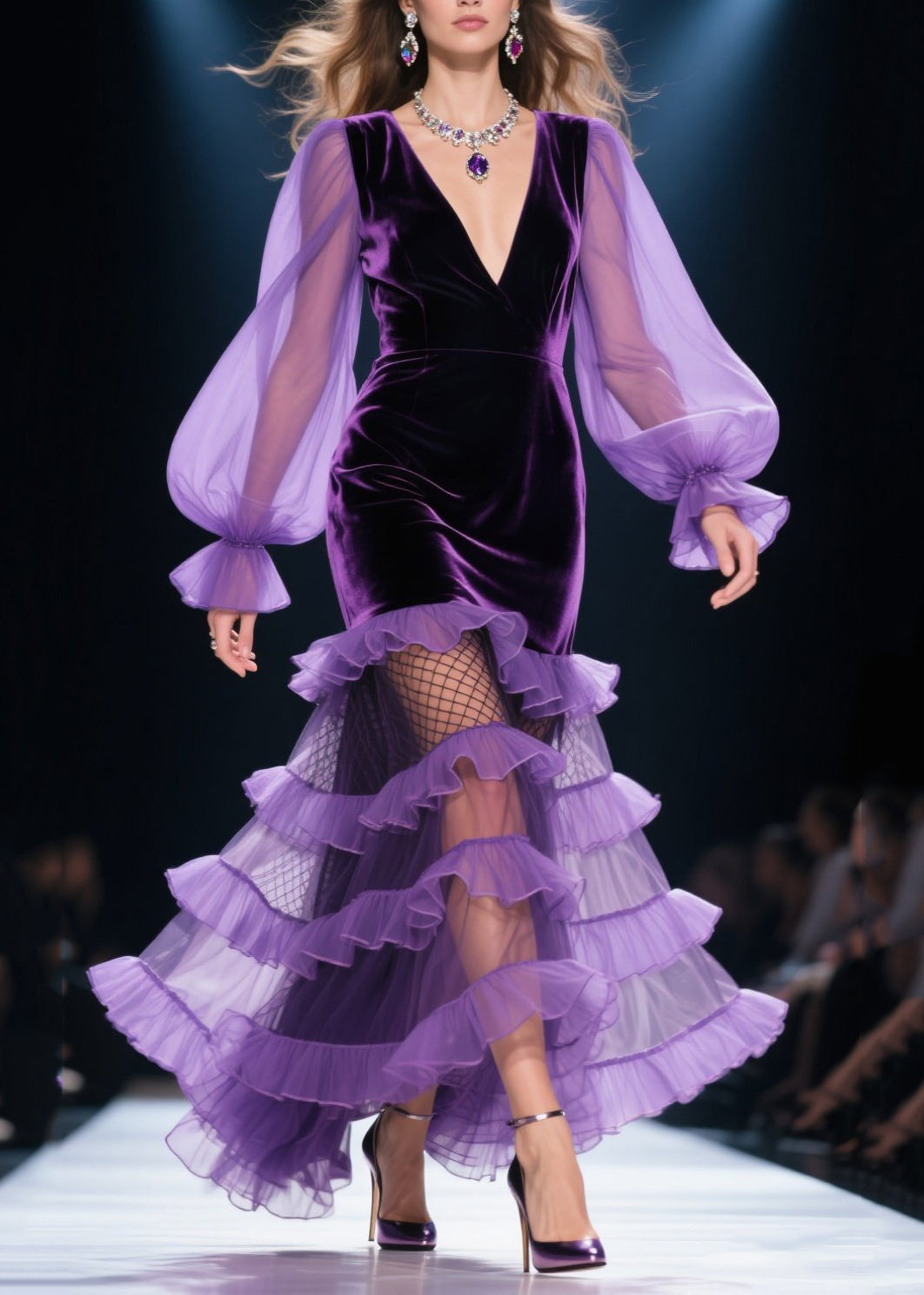 Vestidos de fiesta de primavera con capas de terciopelo de seda y patchwork con volantes en morado