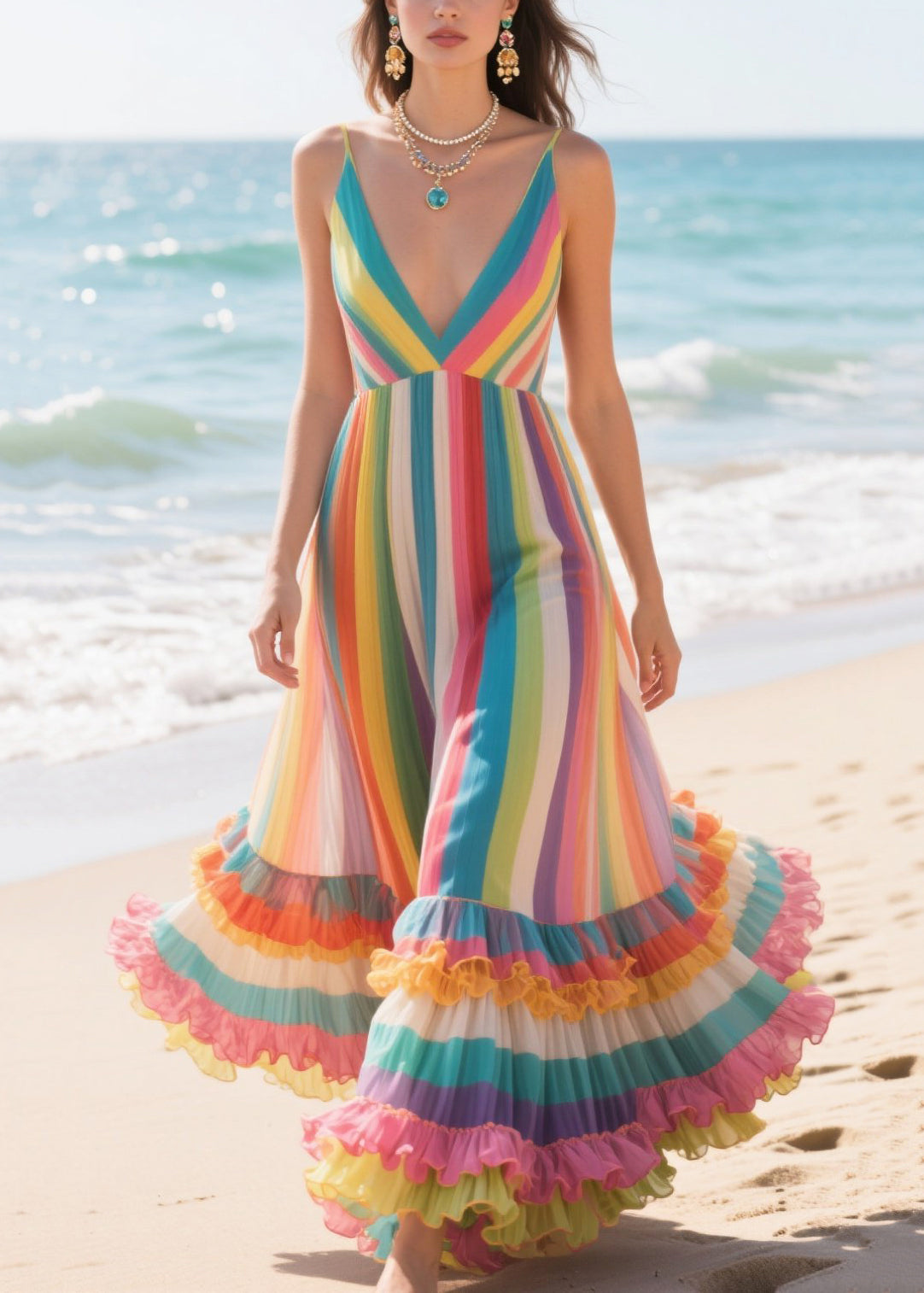 Style Rainbow Ruffled Striped Chiffon Cami Dress Summer