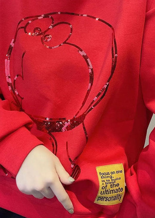 Stil Rot O-Ausschnitt Print Lose Herbst Pullover Streetwear