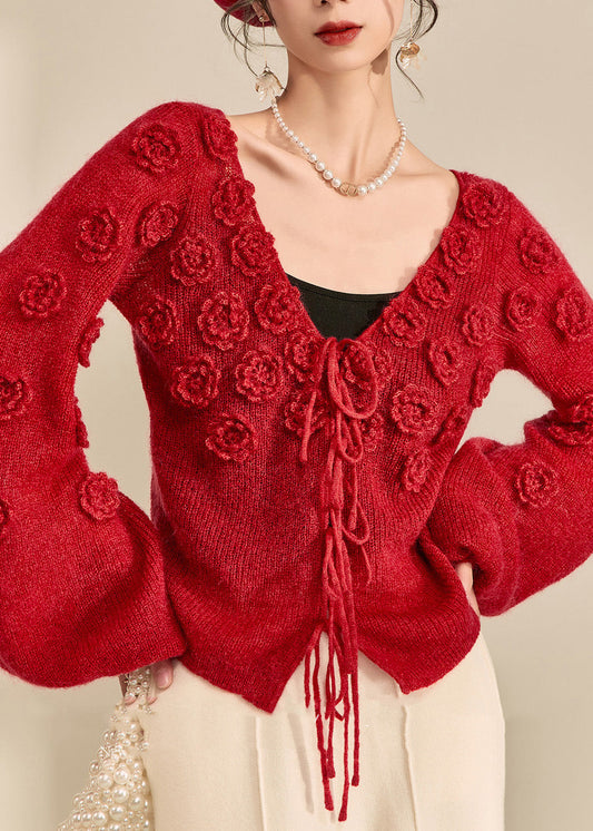 Stilvoller roter V-Ausschnitt-Strickpullover aus einfarbigem Baumwollstrick mit Kordelzug und Laternenärmeln