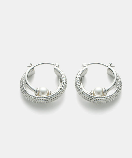 Style Silk Sterling Silver Double-Layer Pearl Hoop Earrings