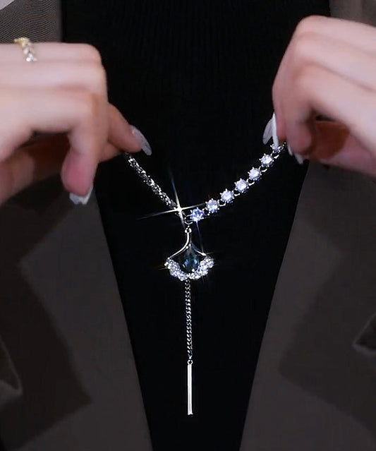 Style Silk Sterling Silber Zirkon Ginkgo Blatt Quaste Lariat Halskette